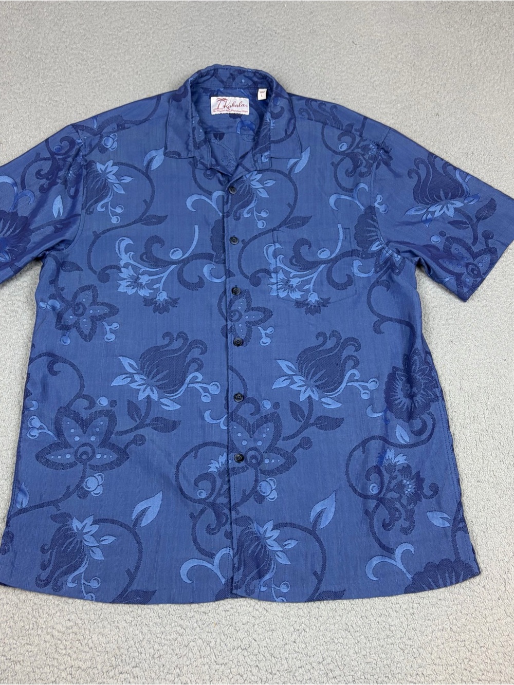 Kahala Hawaiian Shirt Men's L Blue Floral Short-Sleeve Button-Up Rayon